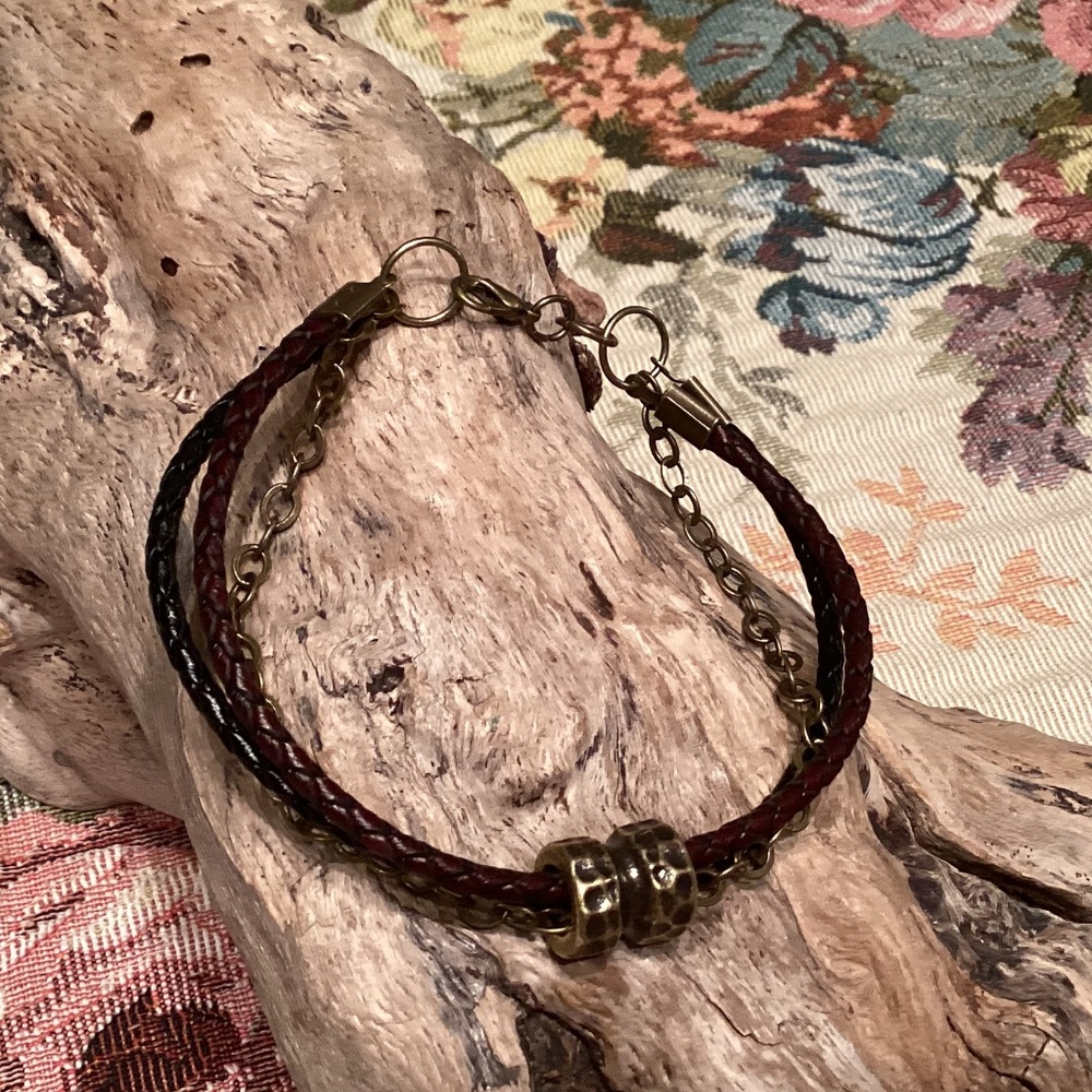Mens Black / Brown Leather Brass Chain Bracelet 9.5”